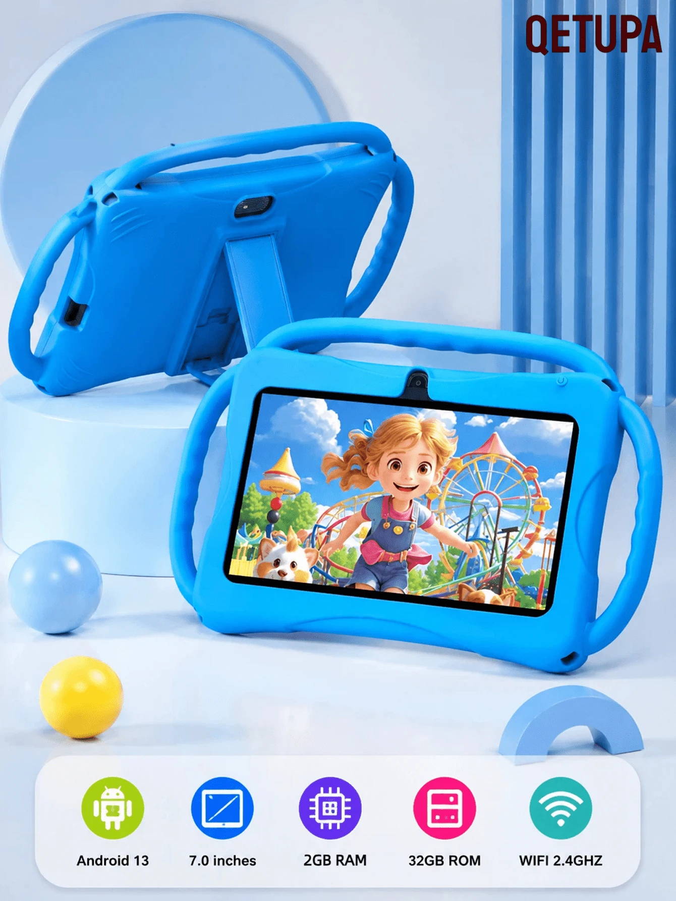 Qetupa 3台7英寸儿童平板电脑,64GB ROM,4GB RAM,Android 13.0,2.4G WiFi,GMS,护眼功能,摄像头,家长控制,预装应用,教育游戏,可充电电池,趣味设计,耐用塑料外壳(不含适配器) - 藍色 - 查看 1