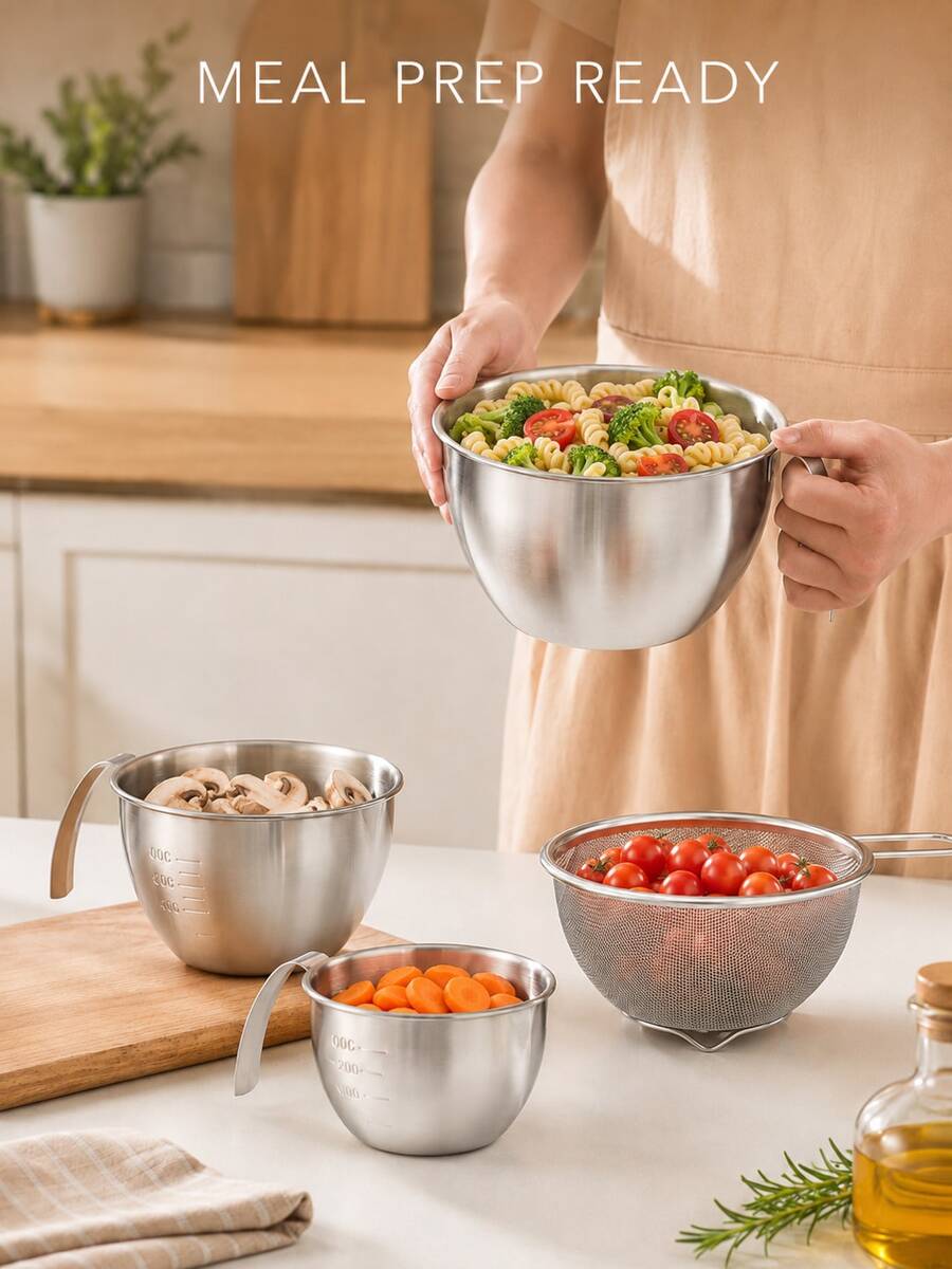 4-Piece CY Mixing Bowl Set With Handles: Stainless Steel Bowls Featuring Measurement Markings, Handles, And Strainers. This Multifunctional Set Is Designed For Mixing Batters, Eggs, And Cream, As Well As For Washing And Draining Fruit, Rice, And Beans. - View 1