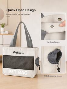 4 Colors Available, This Portable Pet Tote Bag Combines Canvas And Breathable Mesh, Featuring Minimalist Letter Print And Side Drawstring Ventilation, Perfect For Carrying Small Cats Or Dogs For Daily Outings - Multicolor - View 2