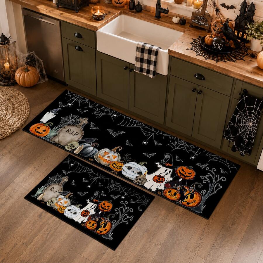 1pc, Ghost Black Cat Tomb Pattern Printed Diatomaceous Earth Kitchen Mat, Absorbent Kitchen Floor Mat, Kitchen Rug, Long Strip Foot Mat, Sink Front Mat, Halloween, Can Be Used As Halloween Gift, Halloween Decoration, Suitable For Kitchen, Bathroom, Entryway, Hallway, Laundry Room And Home Decor - Multicolor - View 1