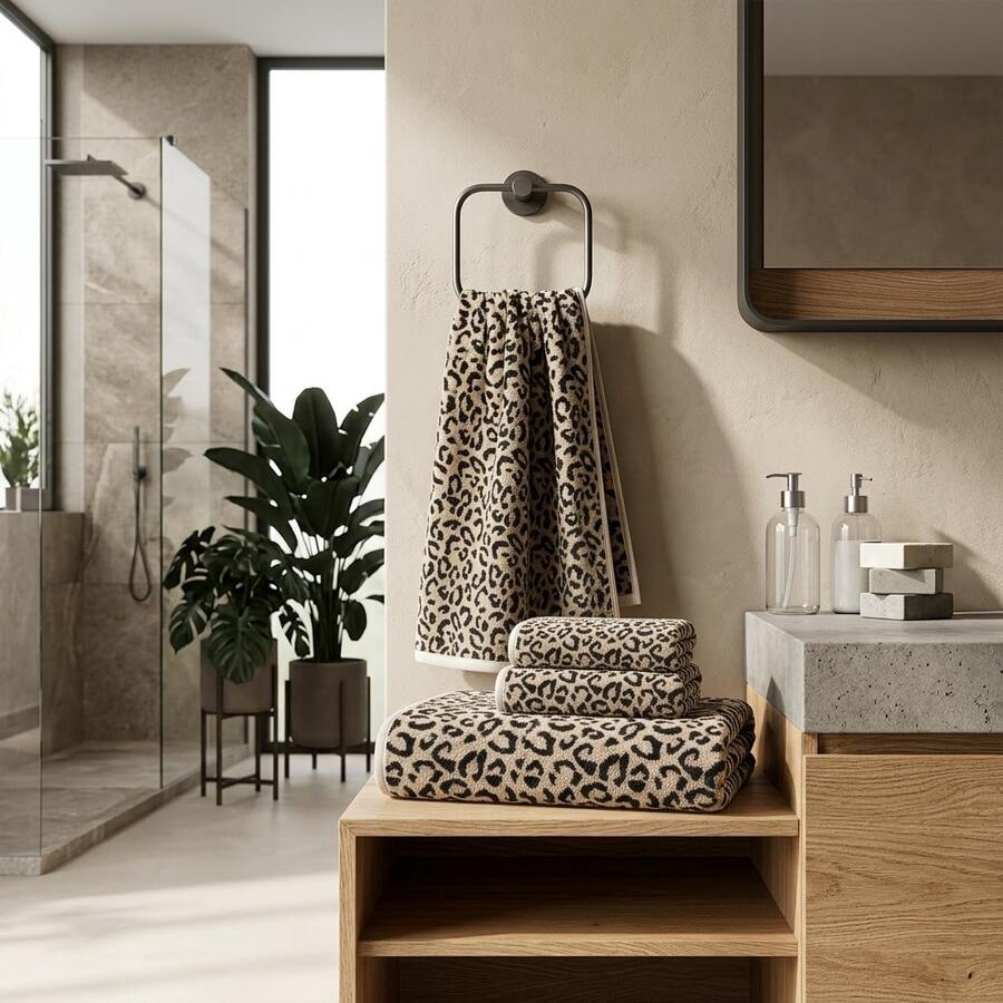 4-Piece Coral Fleece Microfiber Bath Towel Set, Ultra Soft, Highly Absorbent & Quick Dry, Leopard Print Design For Bathroom, Spa, Gym, Complete Set - Coffee Brown - View 1