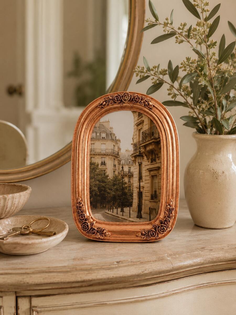1pc Vintage Rose Gold Photo Frame, Elegant Floral Picture Frame With Rose Embossed Design, European Antique Style Desktop Decor, Suitable For Bedroom Vanity, Living Room, Office, Wedding Home Decoration - New - View 1
