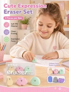 3pcs Cute Expression Eraser Set, TPE Crumb-Free Pencil Erasers, Cartoon Clean Erasers For Kids, Kindergarten, Students & School Supplies - Multicolor - View 2