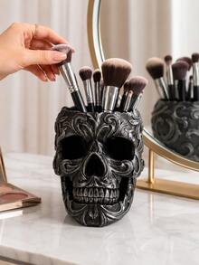 Skull Victorian Gothic Decorative Storage Cylinder | Gothic Bathroom Supplies, Black Desktop Storage Boxes And Accessories | Gothic Halloween Desktop Decoration - 3.35 Inches - A - View 7