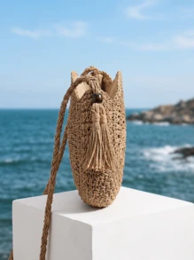 CAJUNI Minimalist Tassel Decor Straw Bag Tassel Decor Straw Bag, Hollow Out Design Crossbody Bag - Khaki - View 3