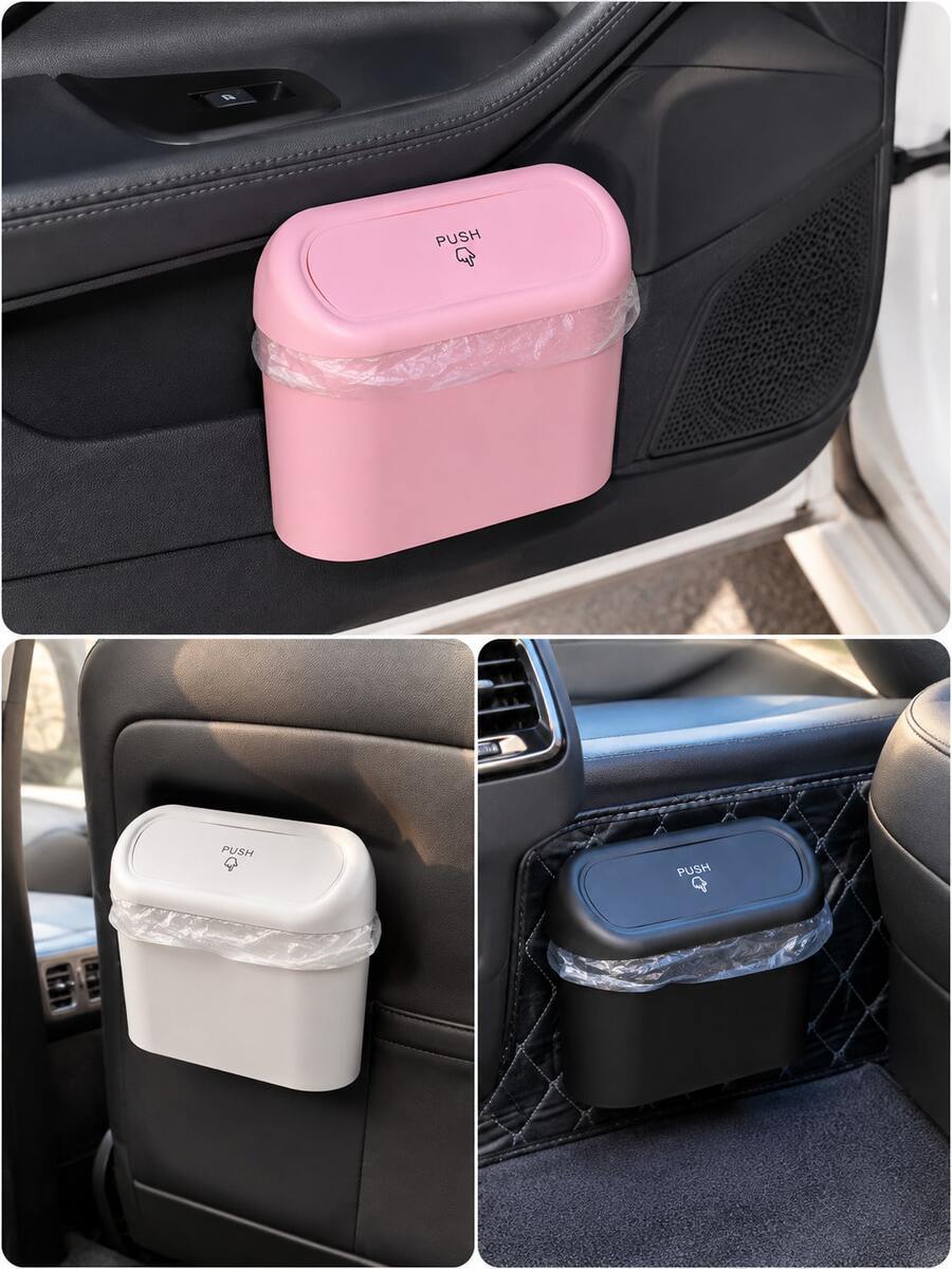 Car Hanging Trash Can, Press Lid Design, Plastic Material, Mini Size, Solid Color, Portable Multi-Function Storage Bin, Car Door Side Hanging Storage Box, Car Interior Accessory - A - View 1