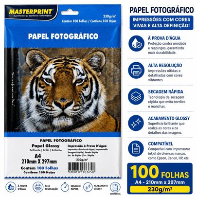 Papel Fotográfico Glossy 230g A4 Branco Brilhante Masterprint