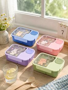 1pc Cute Cartoon Divided Lunch Box With Utensils And Sauce Container, Leak-Proof Food Storage, Portable Office Commute Picnic Meal Prep Box, Back To School Lunch Box, Birthday Housewarming Gift, Birthday, Back To School - Multicolor - View 8