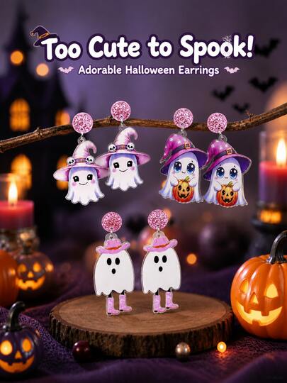 1 Pasang Anting Akrilik Bentuk Topi Penyihir Merah Muda Bergaya Manis dengan Pita , Aksesoris Kostum Halloween untuk Anak Perempuan