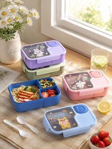 1pc Cute Cartoon Divided Lunch Box With Utensils And Sauce Container, Leak-Proof Food Storage, Portable Office Commute Picnic Meal Prep Box, Back To School Lunch Box, Birthday Housewarming Gift, Birthday, Back To School - Multicolor - View 3