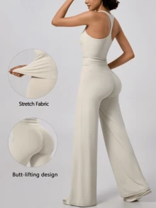 TimeOff Women's One Set Solid Color Racerback Detachable Padded Camisole & High Waist Wide Leg Pants Sports Set - Apricot - View 11
