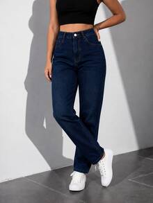 Pantalón Mujer Casual Straight Leg Washed Ripped Raw Hem Tela rígida NO STRETCH Bolsillos Button Zipper Corte Rect Sin Estampado, atemporal uso  Diario - azul oscuro s/d - Ver 3