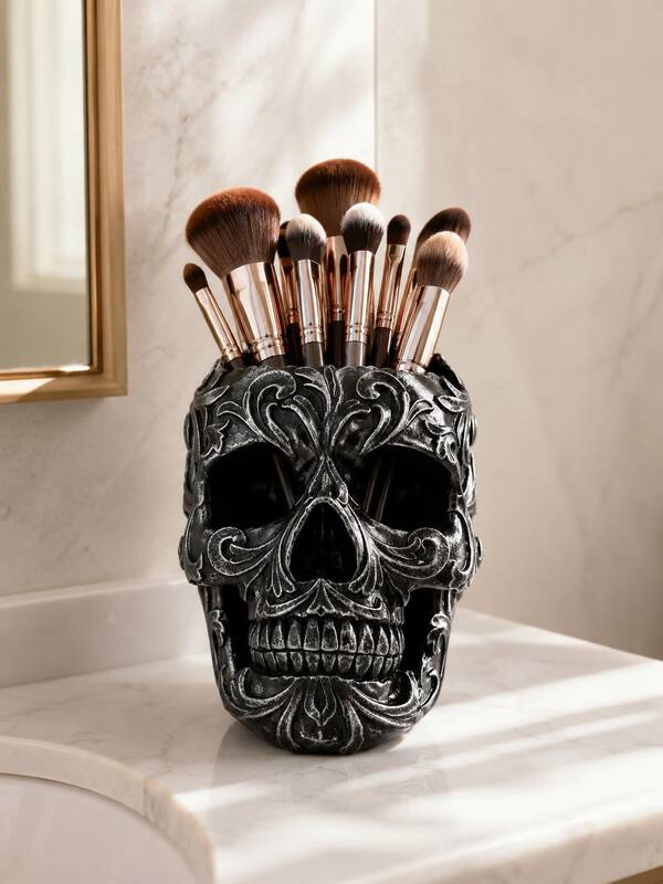 Gothic Skull Makeup Brush Holder, Bathroom Countertop Decoration, Vintage Carved Makeup Brush Storage Cup, Bathroom Vanity Storage Rack, Women's Decorative Makeup Tool Holder, Large Capacity.