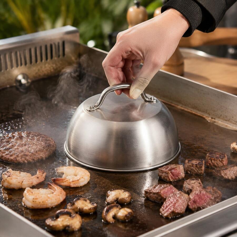 1pc Stainless Steel BBQ Grill Lid, 6/9 Inch Mini Portable Furnace Lid With Handle, Suitable For Outdoor Camping, Picnic And Kitchen Use, Multi-Functional Kitchen Lid | Dome Shape Lid | Durable Cookware - Silver - View 1