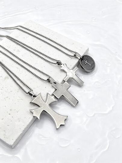 1pc Hip-Hop Personalized Casual Fashion 60cm Stainless Steel Engraved English Cross Pendant Necklace Men's Street Party Accessory