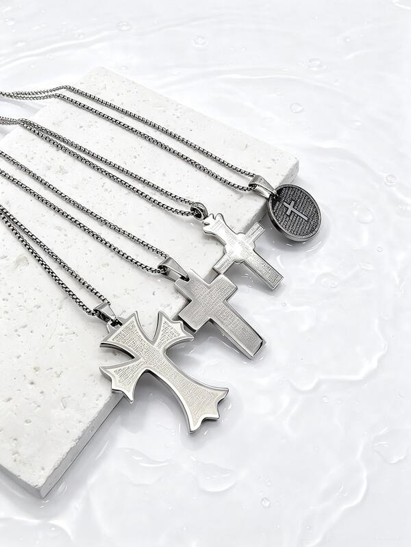 1pc Hip-Hop Personalized Casual Fashion 60cm Stainless Steel Engraved English Cross Pendant Necklace Men's Street Party Accessory