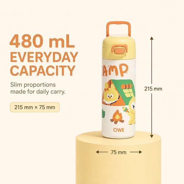 QWE Kids 480ml Insulated Water Bottle, Ceramic‑Coated 316 Stainless Steel Pop‑Up Direct‑Drink Flask With Handle, Cartoon Print Portable School Cup For Boys Girls Elementary Students