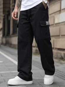 American Minimalist Label Workwear Long Pants For Men, Multi-Pocket Loose Drape Black Drawstring Waist Commuter Casual Trousers - Black - View 5