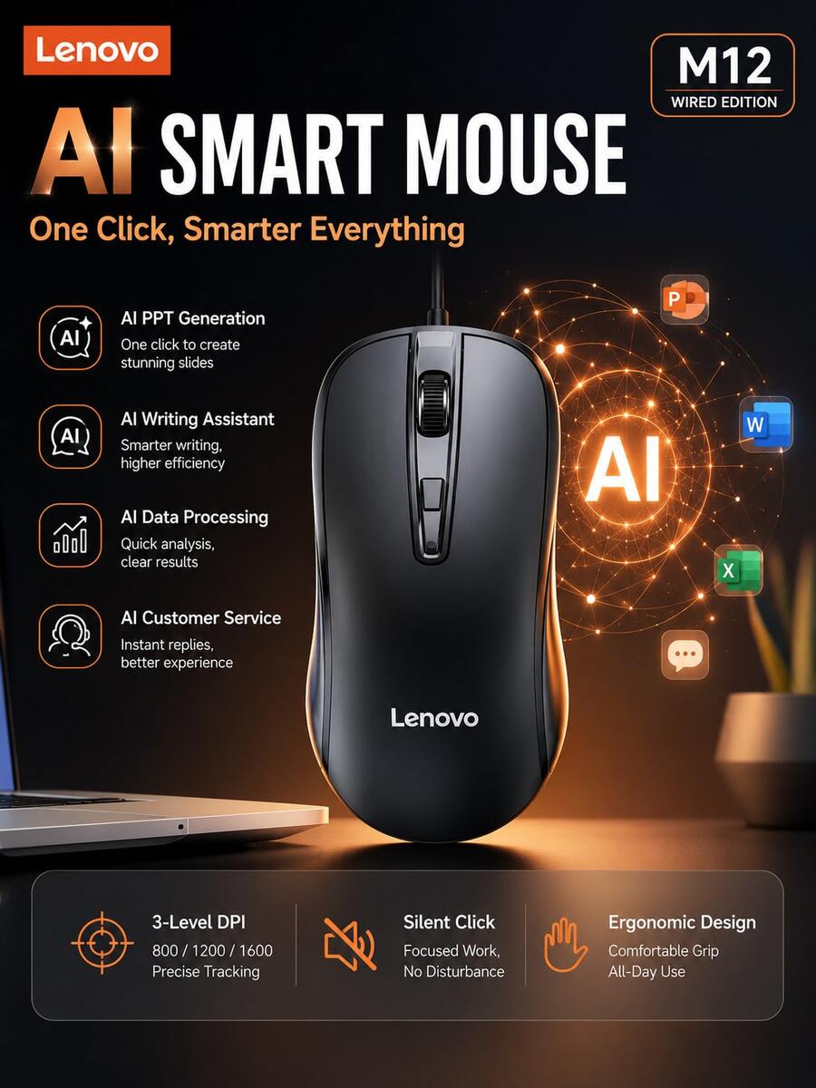 Lenovo AI Office Mouse M12 Ergonomic Design Multiple AI Functions 3-Level DPI Ultra-Long Service Life  Office Assistant - View 1