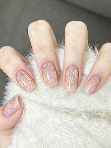 1 Sheet Sweet-Style Full-Coverage Nail Stickers-A Summer Must-Have. Featuring A Solid Coral-Pink Design Accented With Floral And Rhinestone Elements, These Stickers Make It Easy To Create Beautiful Nails. - Coral Pink - View 3