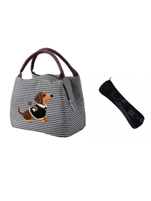 2d Sausage Dog Printed Striped Lunch Bag, Handbag, Striped Design, Multifunctional Storage Bag, Lightweight Travel Handbag, Exquisite Gift - Multicolor - View 15