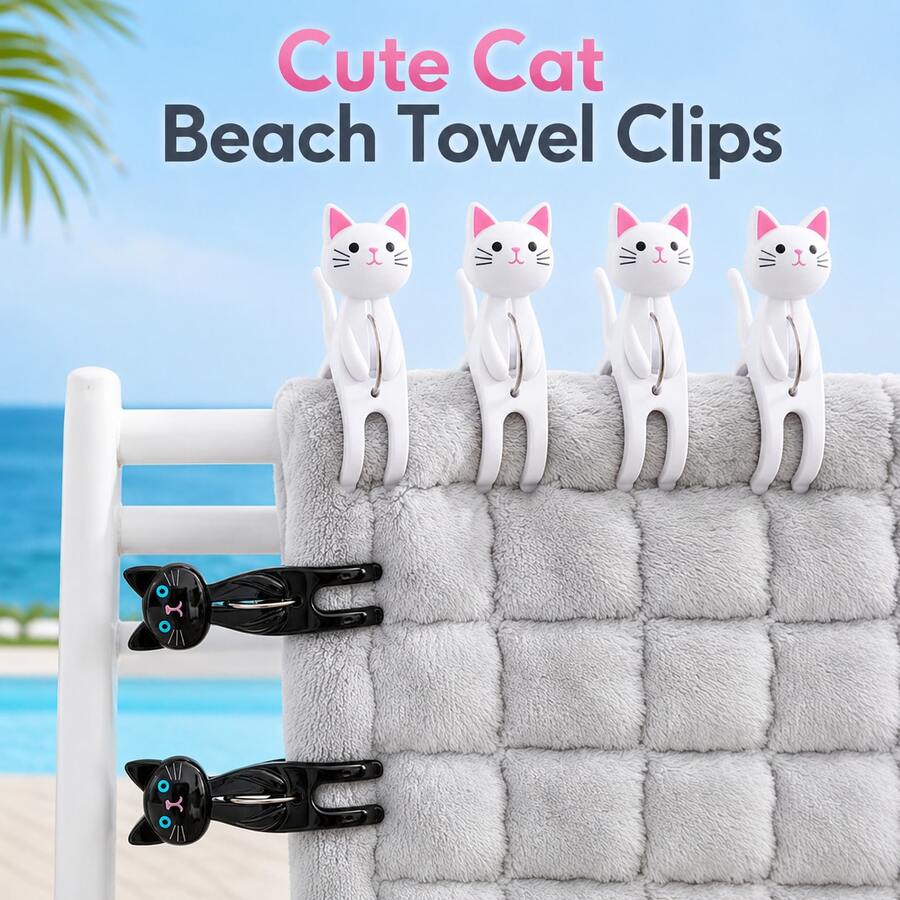 4pcs Cute Cat Beach Towel Clips, Heavy Duty Windproof Clips, Suitable For Beach Chairs, Pool, Cruise, Blanket, Laundry And Travel, Strong Spring Plastic Clips, Cat Lover Gift, Independence Day Gift, Poolside Seaside, Patio Essentials - Multicolor - View 1