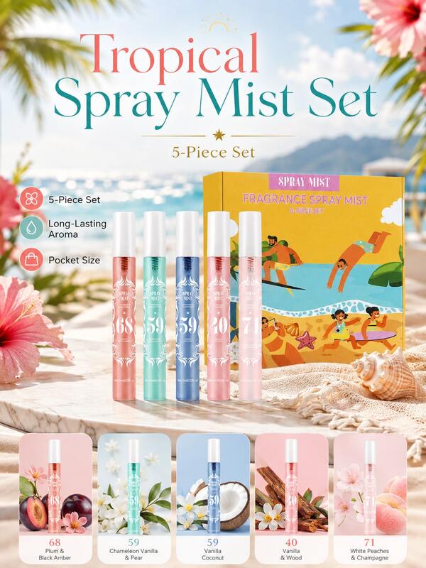 1 Stück 5ml Neue Tropische Duftspray-Set: Langanhaltender warmer, sonniger floraler Amber- und fruchtiger Duft, einschließlich Nr. 39 Kokosnusscreme, Nr. 40 Pflaumen-Jasmin, Nr. 59 Veilchen, Nr. 62 Pistazie, Nr. 68 Jasmin-Ozean und andere limitierte Ausgabe Innen-/Außen-Duftsprays. Mehrschichtiges Duftkonstrukt bringt ein angenehmes Erlebnis, verströmt einen langanhaltenden natürlichen Frischduft. Eine unverzichtbare Wahl, um Charme hinzuzufügen, geeignet für jeden Anlass.