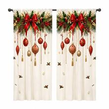 2PCS Red‑Gold Christmas Ornaments And Bows Print Light Sheer Curtains, Semi-Sheer For Privacy Protection. Easy Rod Pocket Installation,Fade-Resistant After Washing, Lightweight And Washable. Ideal For Home, Room And Kitchen Decor & Space Dividers. - Multicolor - View 10