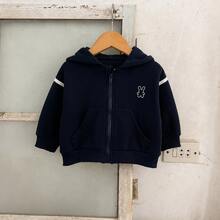 2pcs/Set Unisex Baby Toddler Casual Hooded Zip-Up Rabbit Embroidered Sweatshirt Set, Knitted Fabric, Spring/Autumn - Royal Blue - View 4