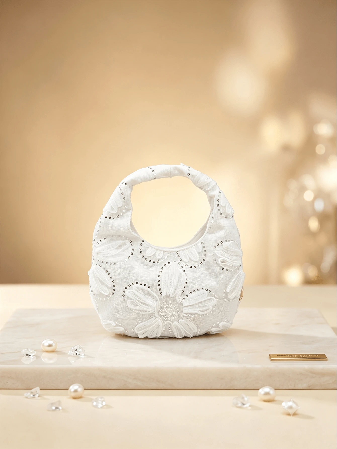 1pc Elegant Girl Mesh Sequin French Style White Lace Mini Handbag Fashion Clothing Accessory - Mesh Floral - View 1