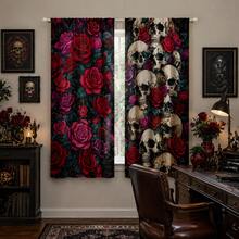 2pcs Gothic Skull And Rose Pattern Semi-Sheer Bedroom Curtains, 90GSM Polyester Semi-Transparent Privacy Protection, Gothic Style Living Room Curtains, Kitchen Curtains, Suitable For Home, Room, Kitchen Partition Or Decoration, Rod Pocket Design Easy Installation, Quick Dry, Washable, Fade-Resistant, Lightweight Removable Curtains - Multicolor - View 6