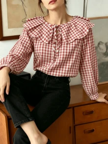 Plus Size Women's Plaid Colorblock Knot Flower Ruffle Trim Autumn/Winter Top - Red and White - View 3