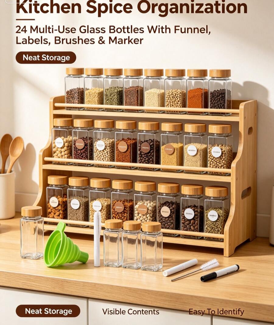 24‑Pcs Square Glass Spice Jar Set,120ml Seasoning Condiment Canisters With Bamboo Lids, Multi‑Use Storage Bottles With Funnel, Label Stickers, Cleaning Brushes & Marker, Kitchen Organizer For Spices, Herbs, Coffee & Dry Food - 24pcs With Free Stickers, Funnel, Brush, and Marker - View 1