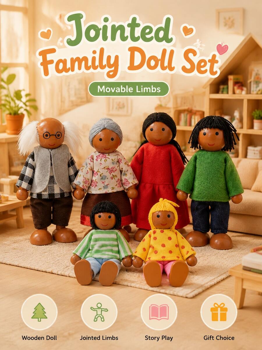 6pcs Wooden Cartoon Character Doll Set, Cute Mini Role Play Educational Toys, Suitable For 3+ Years Old Children, Dollhouse Character Decor, Birthday Gift - Multicolor - View 1