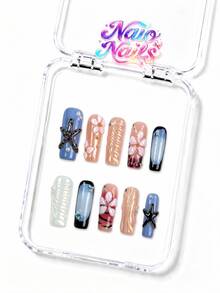 NAIO 10pcs Y2K Handmade Press-On Nails, Nude Blue Gradient French Tip, Starfish Shell 3D Flower Twisted Pearl Rhinestone Hand-Painted Nail Art, Fresh Ocean Beach Summer Style, Suitable For Daily Wear And Parties, 3 Sizes, Coffin/Almond/Short Square Fake Nails - Multicolor - View 4
