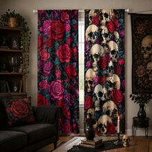 2pcs Gothic Skull And Rose Pattern Semi-Sheer Bedroom Curtains, 90GSM Polyester Semi-Transparent Privacy Protection, Gothic Style Living Room Curtains, Kitchen Curtains, Suitable For Home, Room, Kitchen Partition Or Decoration, Rod Pocket Design Easy Installation, Quick Dry, Washable, Fade-Resistant, Lightweight Removable Curtains - Multicolor - View 5