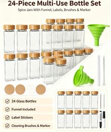 24‑Pcs Square Glass Spice Jar Set,120ml Seasoning Condiment Canisters With Bamboo Lids, Multi‑Use Storage Bottles With Funnel, Label Stickers, Cleaning Brushes & Marker, Kitchen Organizer For Spices, Herbs, Coffee & Dry Food - 24pcs With Free Stickers, Funnel, Brush, and Marker - View 3