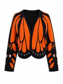 Women's Butterfly Wing Monarch Knitted Cardigan, Open Front Long Sleeve Sweater With Asymmetrical Hem, Unique Costume Cardigan For Spring And Fall - Multicolor - View 7