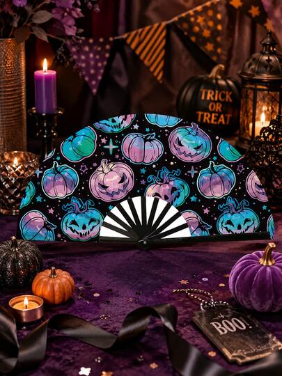 Halloween 65cm Large Folding Hand Fan, Colorful Macaron Gradient Pumpkin Jack-O'-Lantern Print Handheld Fan, Cute Spooky Gothic Style Electronic Music Festival Fan, Halloween Costume Party, Ball, Holiday, Cosplay And Masquerade Accessory