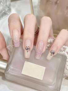 1 Sheet Unique, Simple, And Elegant Full-Coverage Nail Stickers. Featuring A Pink Gradient And Pure Gold Design, These Stickers Are Accented With Various Rhinestones And Sparkling Embellishments, Making Them Perfect For Women And Girls. - Gold - View 3