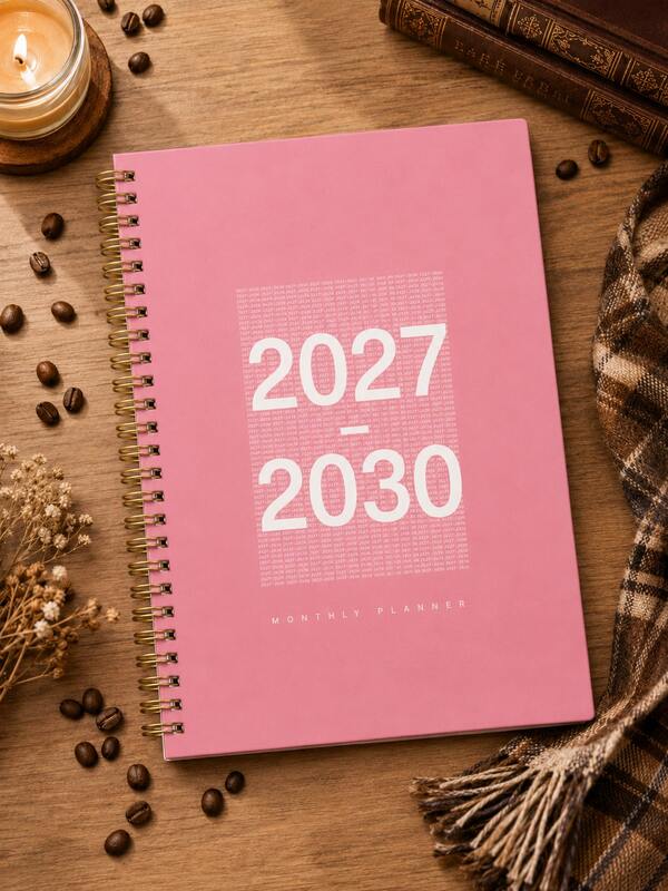 2027-2030月計畫本，粉色極簡風4年規劃筆記本，便攜式長期日曆計畫本，月計畫，學校用品，辦公用品，桌面配件，適合女性與男性的聖誕禮物