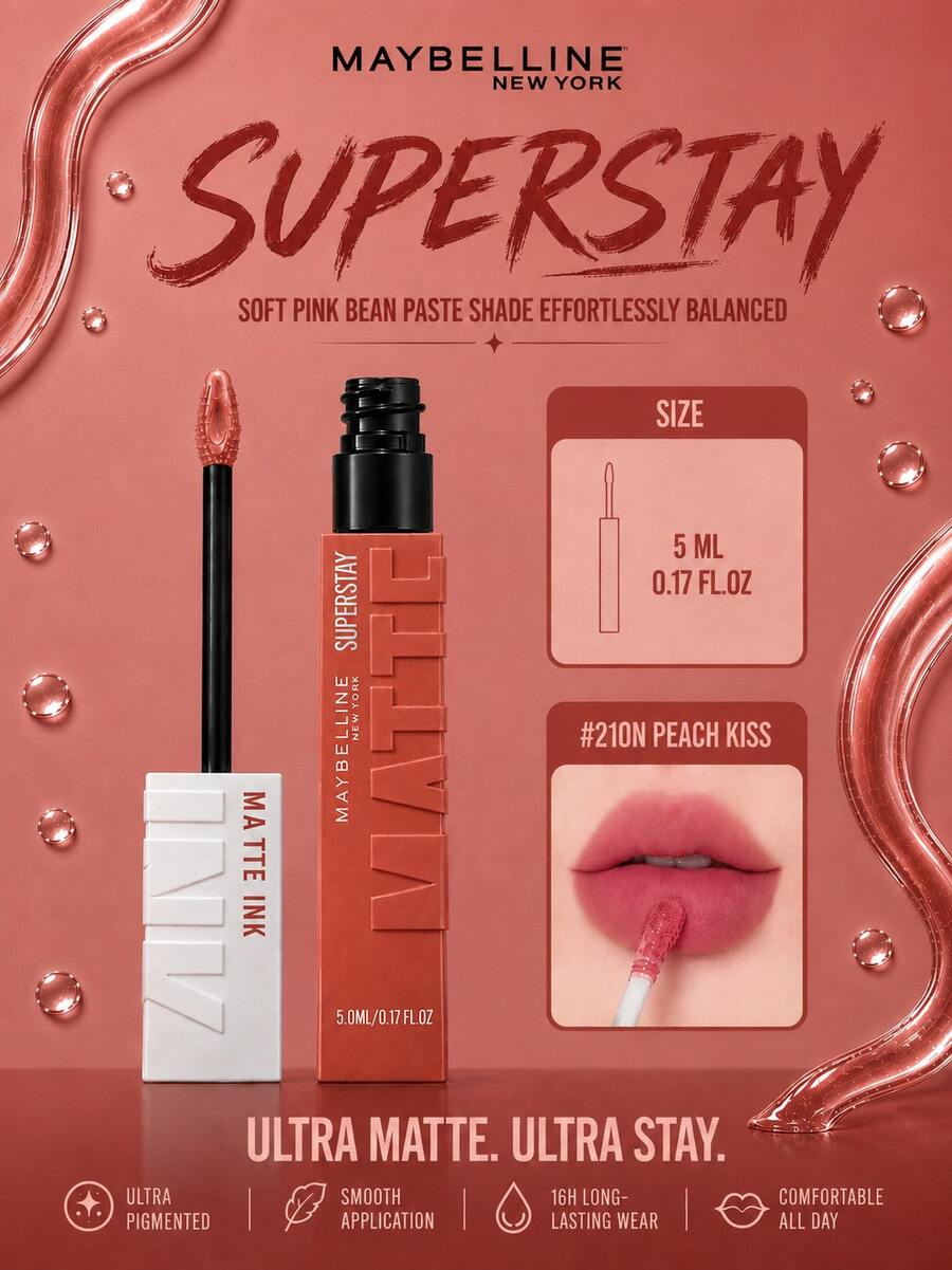 Maybelline Super Stay Matte Liquid Lipstick #210N 5ml, Ultra-High Pigment, Long-Lasting Wear, Rich Matte Finish, Easy Lip Shaping, Subtle Vanilla Scent, Easy Application, Suitable For All Skin Tones