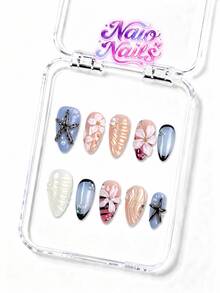 NAIO 10pcs Y2K Handmade Press-On Nails, Nude Blue Gradient French Tip, Starfish Shell 3D Flower Twisted Pearl Rhinestone Hand-Painted Nail Art, Fresh Ocean Beach Summer Style, Suitable For Daily Wear And Parties, 3 Sizes, Coffin/Almond/Short Square Fake Nails - Multicolor - View 2