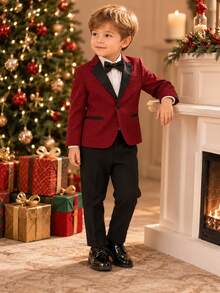 Christmas Young Boy Suit Formal Outfit Kids Set Piano Performance Wedding Ring Bearer Outfit 3-Piece Set Jacket + Pants + Bow Tie - Red - View 1