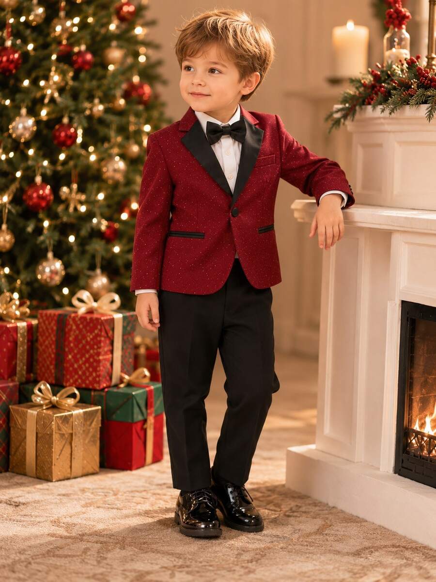 Christmas Young Boy Suit Formal Outfit Kids Set Piano Performance Wedding Ring Bearer Outfit 3-Piece Set Jacket + Pants + Bow Tie - Red - View 1
