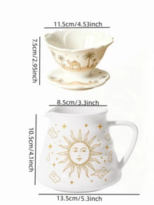 2pcs Drip Coffee Maker Set, Decorated With Sun, Camel, Palm Tree, Moon, Star, Auspicious Cloud Patterns, Ceramic Glass Carafe And Ceramic Coffee Dripper, Suitable For Home, Camping And Outdoor Activities Handheld Coffee Brewer - Multicolor - View 11