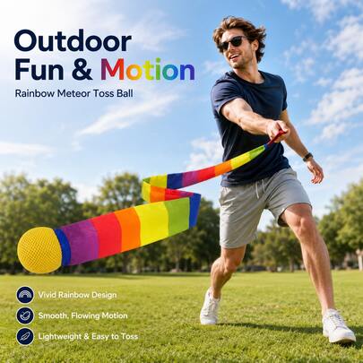Rainbow-Tailed Throwing Ball-An Interactive Toy Featuring A Flowing Ribbon; Lightweight And Designed For Swinging And Throwing. Suitable For Outdoor Activities, Hand-Eye Coordination Training, Travel Entertainment, And Backyard Leisure.