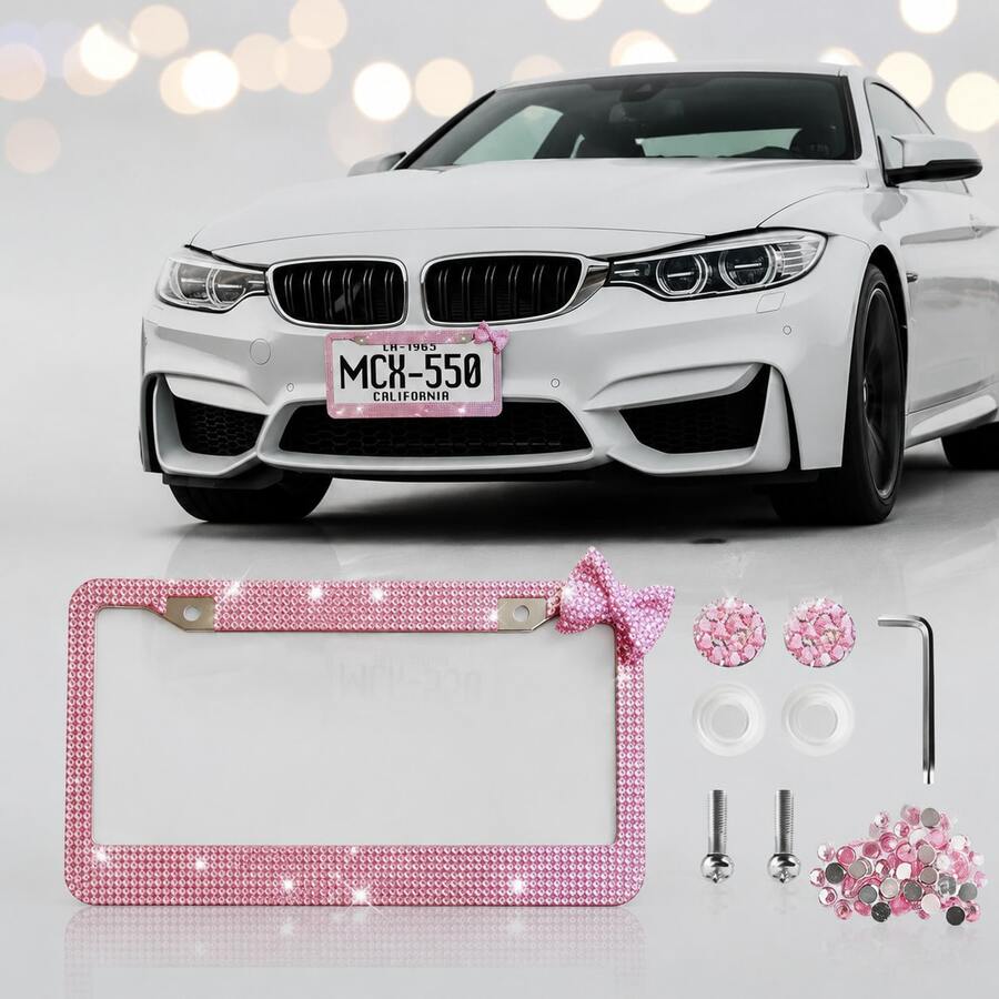 Rhinestone License Plate Frame With Bow – Bling Crystal Car Tag Holder For US Standard Plates, Includes Screws & Caps, Girly Auto Accessory
