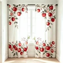 2pcs White Background Watercolor Red Apple Branch Print Curtains, Red Apple, Green Leaf Vine, Red Berry Pattern, 2D Flat Print, Translucent, Rod Pocket, Suitable For Kitchen, Dining Room, Living Room Window Decor, Fruit Theme Curtains - Multicolor - View 9