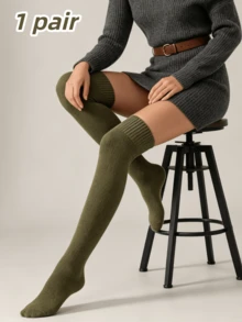 1 Pair Women's Soft Thick Knitted Over-The-Knee Socks, 5 Colors Available, Ribbed Cuff High Elastic Solid Color Long Over-The-Knee Socks, Comfortable Warm Long Tube Socks, Suitable For Daily Casual, Work Commute Outfits - Multicolor - View 13